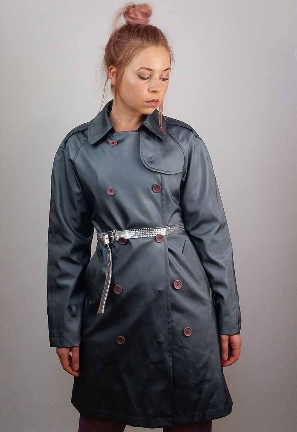 Vintage Y2K Shiny Trench Coat in Liquid Grey - image 2