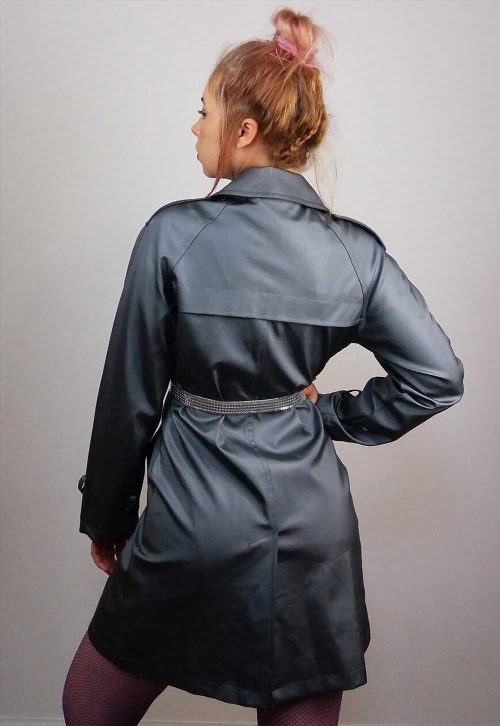 Vintage Y2K Shiny Trench Coat in Liquid Grey - image 3