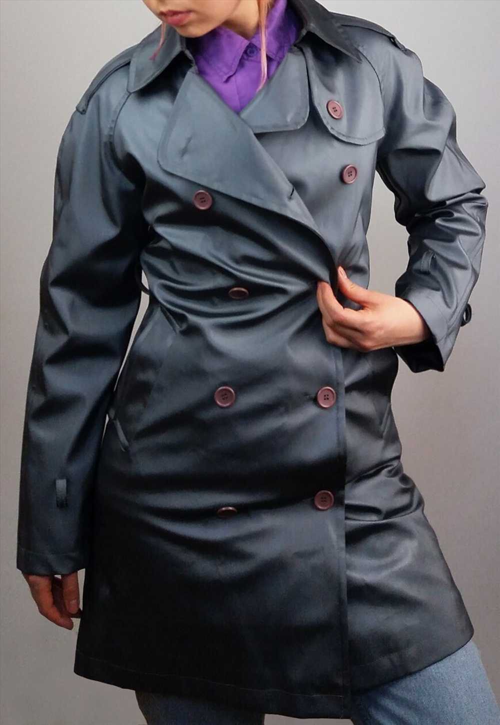 Vintage Y2K Shiny Trench Coat in Liquid Grey - image 4