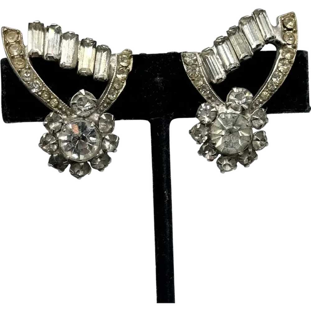 Vintage floral rhinestone silver clip on earrings - image 1