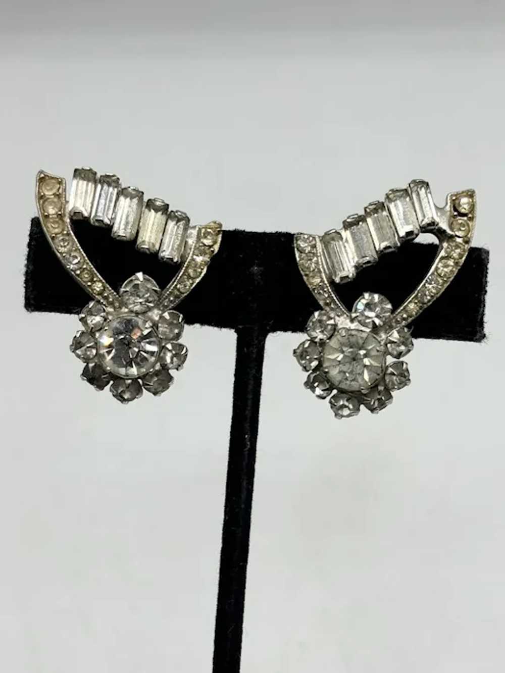 Vintage floral rhinestone silver clip on earrings - image 2