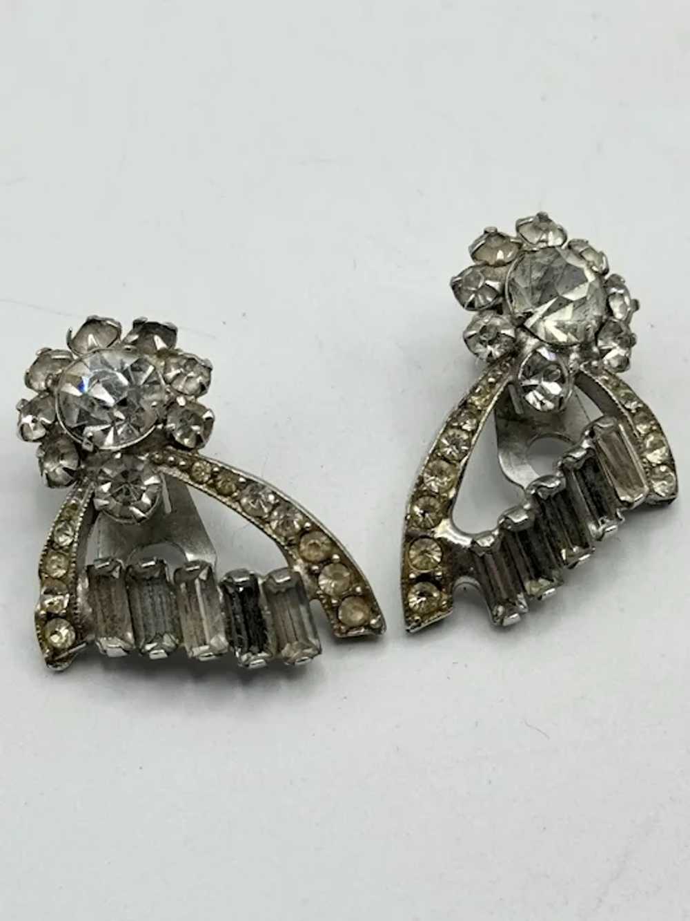 Vintage floral rhinestone silver clip on earrings - image 3