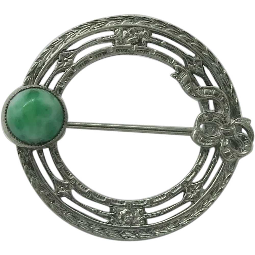 Art Deco Sterling Silver Brooch Green Marbled Sto… - image 1