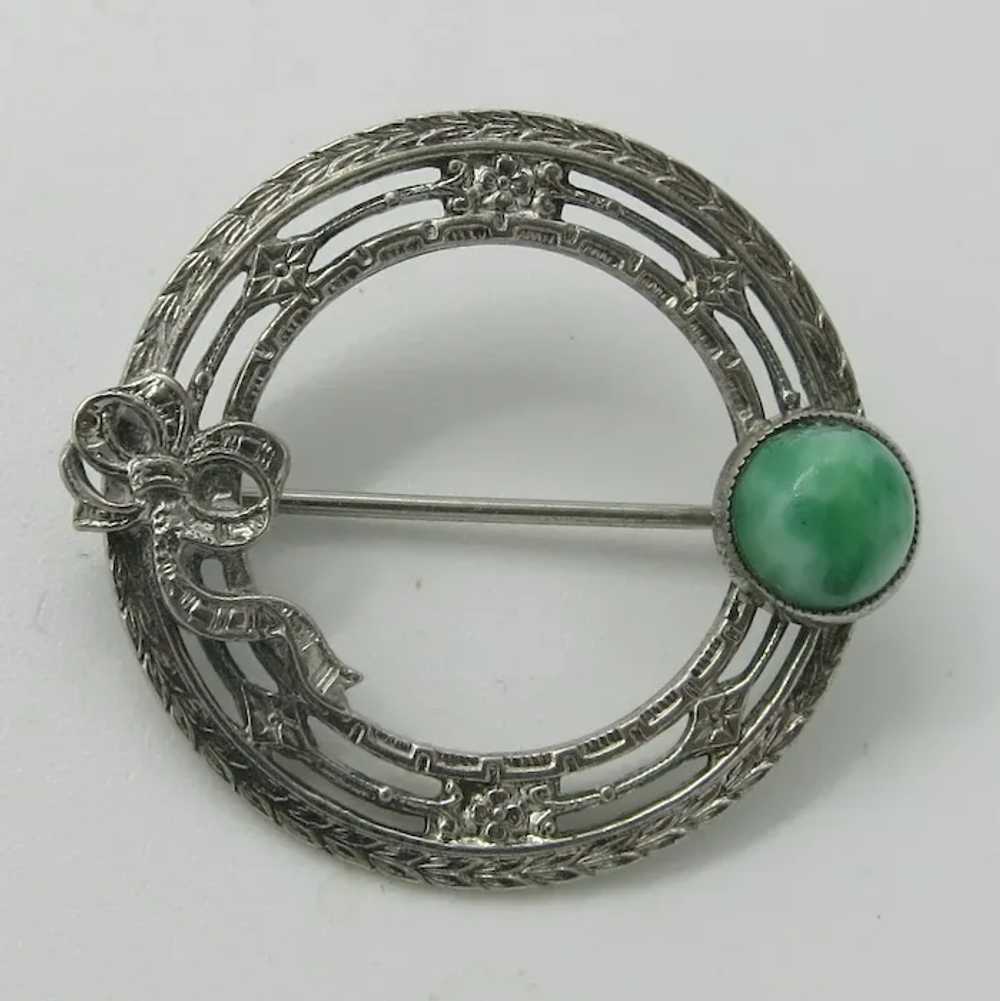 Art Deco Sterling Silver Brooch Green Marbled Sto… - image 3