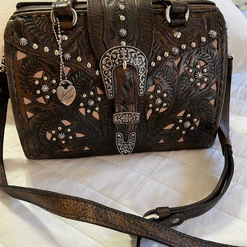 American West Brown tooled structured leather bag - image 1