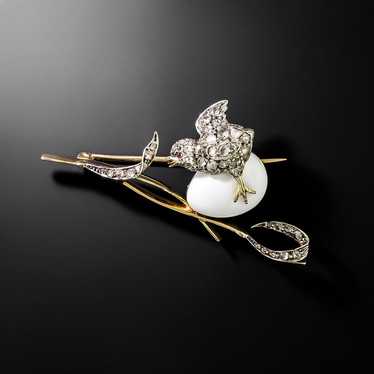 Victorian Diamond and Enamel Bird Brooch With Egg