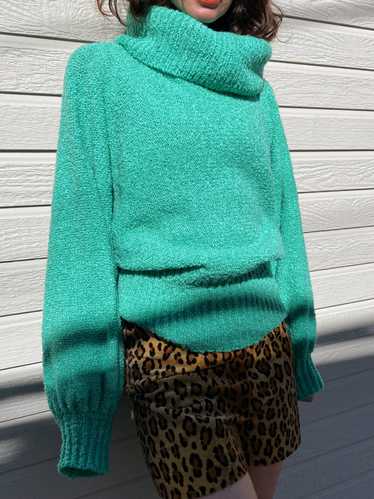 1970s Turquoise Boucle Knit Oversized Turtleneck S