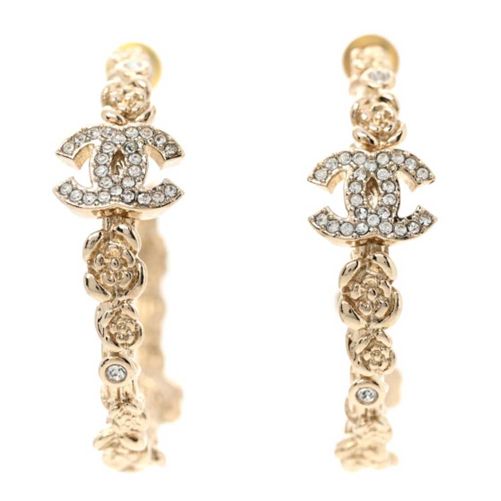 CHANEL Crystal Camellia CC Hoop Earrings Gold - image 1