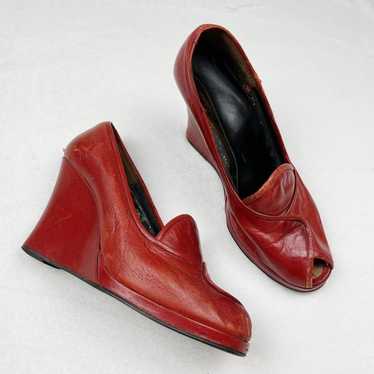 Vintage Authentic 1940s Red Leather Wedge Heels - image 1