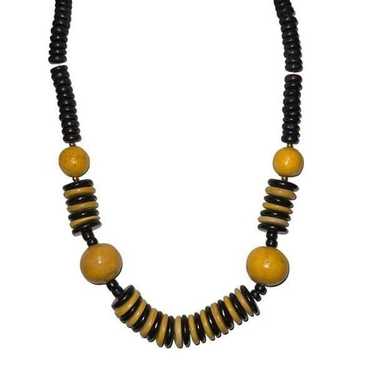 Vintage Black & Yellow Beaded Wood Necklace