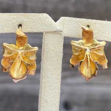 18k solid yellow gold Orchid flower floral earrin… - image 1