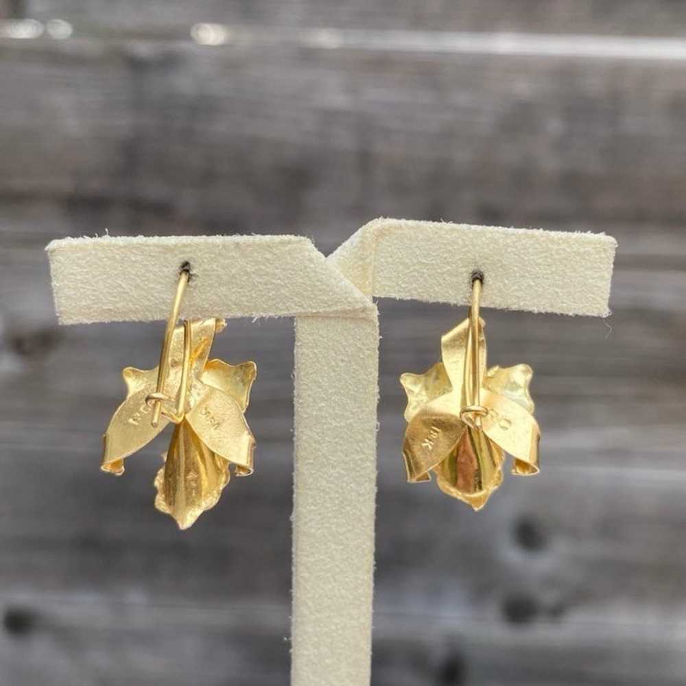 18k solid yellow gold Orchid flower floral earrin… - image 4