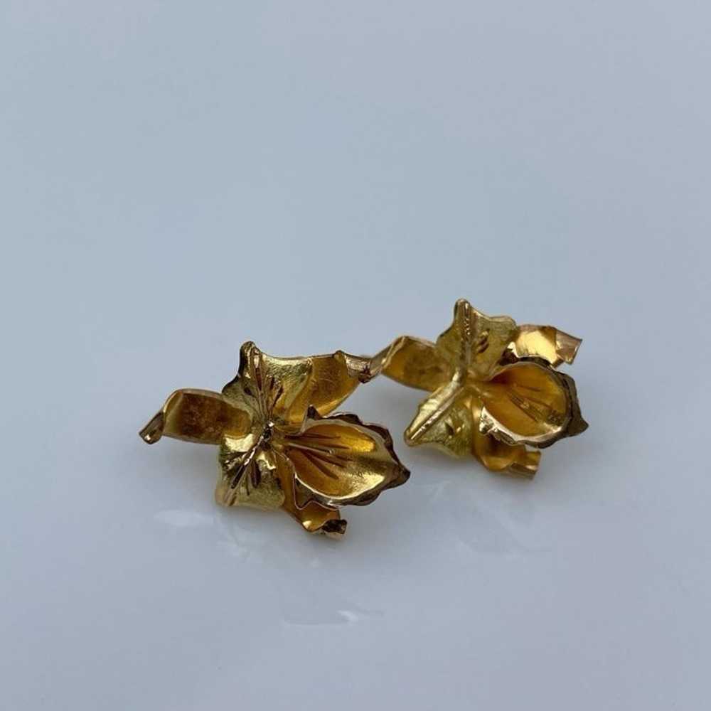18k solid yellow gold Orchid flower floral earrin… - image 5