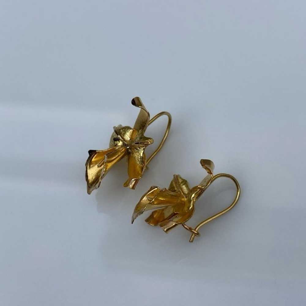 18k solid yellow gold Orchid flower floral earrin… - image 6