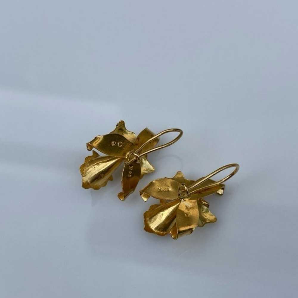 18k solid yellow gold Orchid flower floral earrin… - image 7
