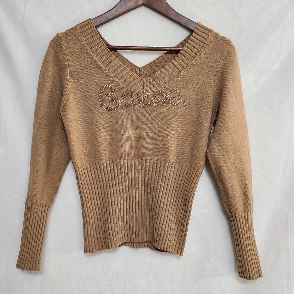 Vintage Y2K Guess Women's Tan V Neck Sweater Size… - image 1