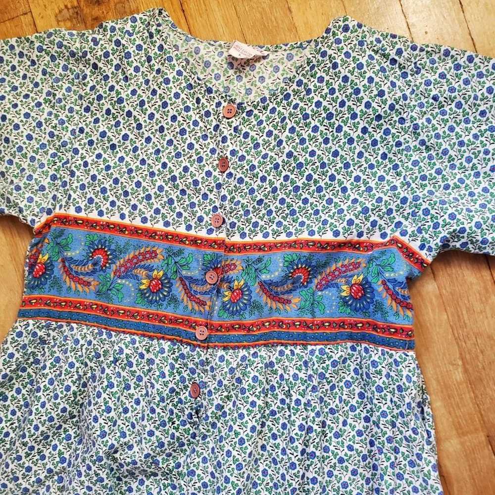Vintage 90s Cotton Patterned Crop Jumpsuit Blue W… - image 4