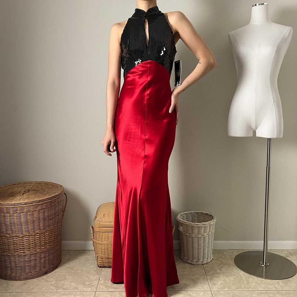 vintage 80 90s black sequin red satin high neck k… - image 4