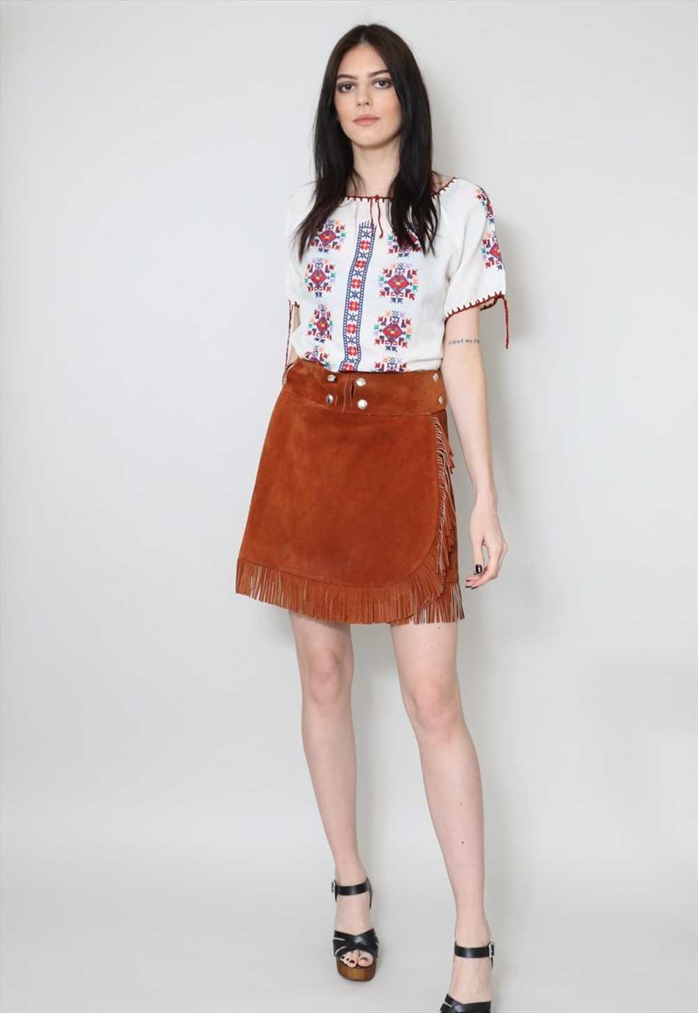 70's Vintage Ladies Skirt Brown Suede Wrap Mini F… - image 3