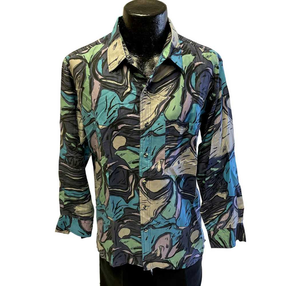 Unkwn 80's JAB Blue Gray Swirl ABSTRACT Button Up… - image 1