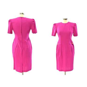 Pinko 80s Vintage Hot Pink Sheath Dress Puff Sleev