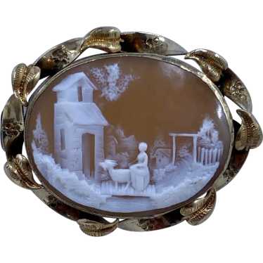 Mid 1800s 9K Rebecca at the Well w/ Goat Cameo Pin