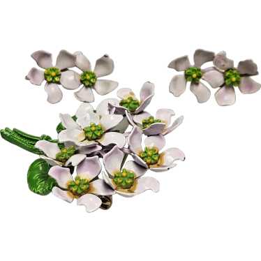Vintage Lilac Enamel Flower Bouquet Brooch Earrin… - image 1