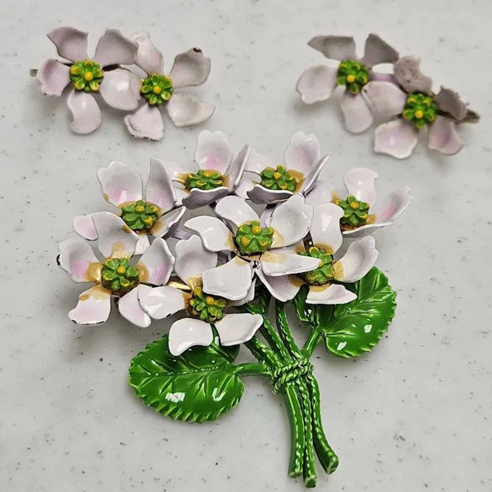 Vintage Lilac Enamel Flower Bouquet Brooch Earrin… - image 2