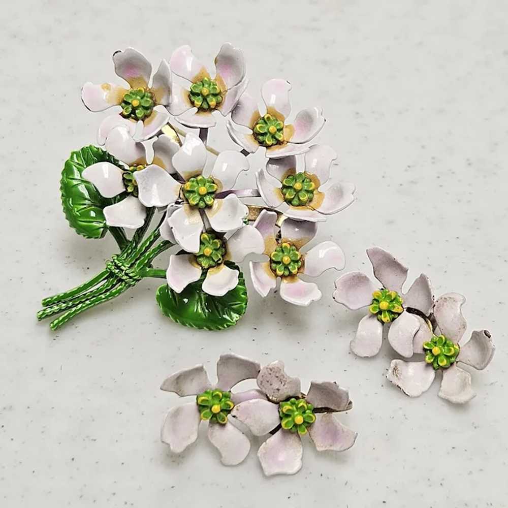 Vintage Lilac Enamel Flower Bouquet Brooch Earrin… - image 3