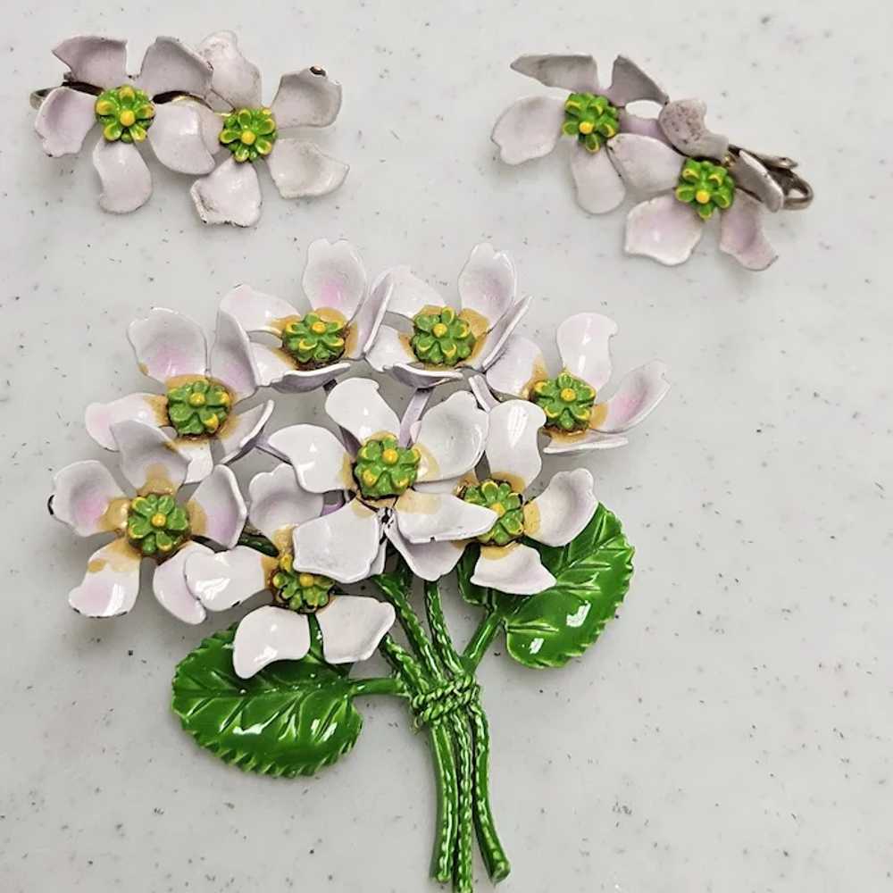 Vintage Lilac Enamel Flower Bouquet Brooch Earrin… - image 4