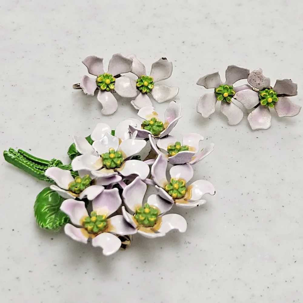 Vintage Lilac Enamel Flower Bouquet Brooch Earrin… - image 5