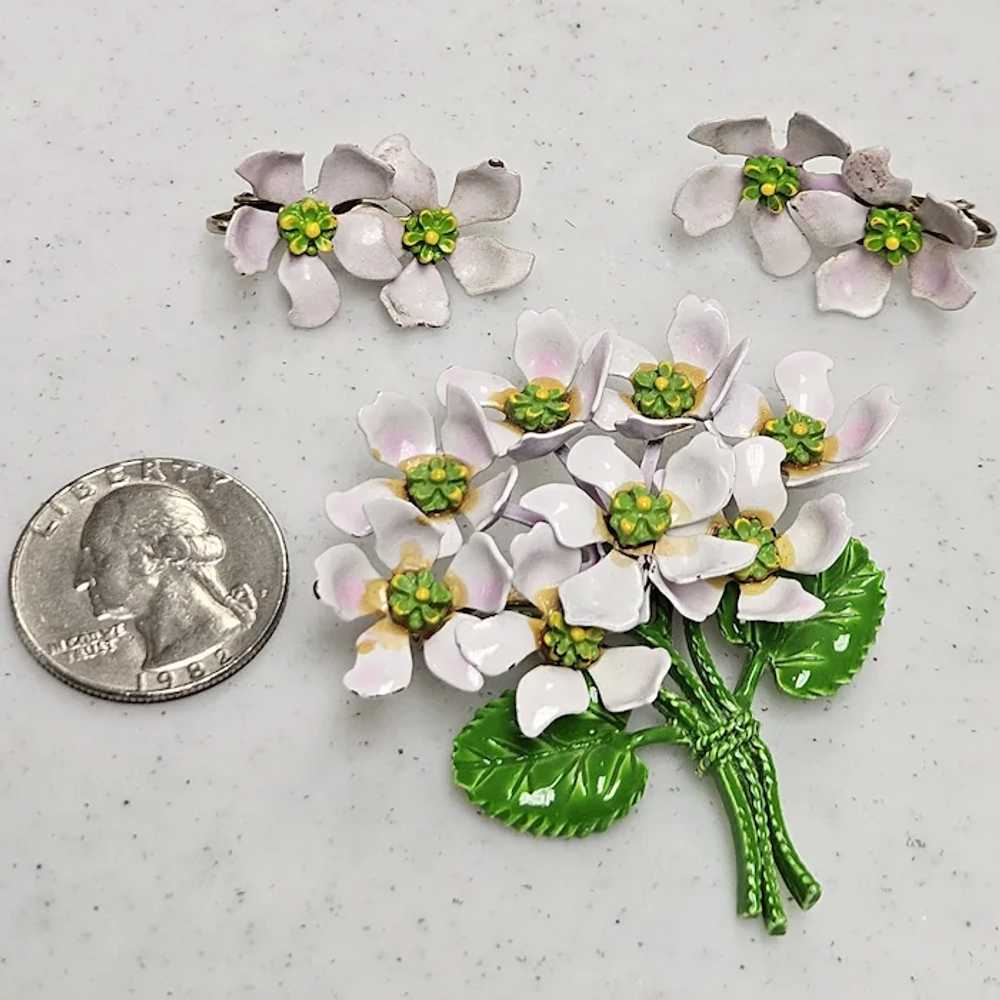 Vintage Lilac Enamel Flower Bouquet Brooch Earrin… - image 8