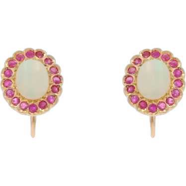 Yellow Gold Opal & Ruby Halo Stud Earrings - 14k … - image 1