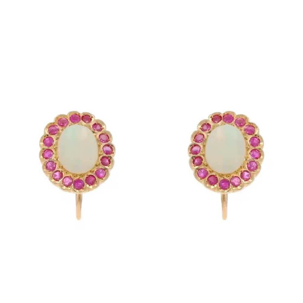 Yellow Gold Opal & Ruby Halo Stud Earrings - 14k … - image 3