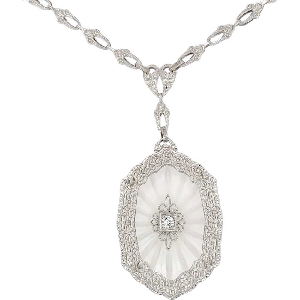 14K Filigree Rock Crystal Diamond Necklace with C… - image 1