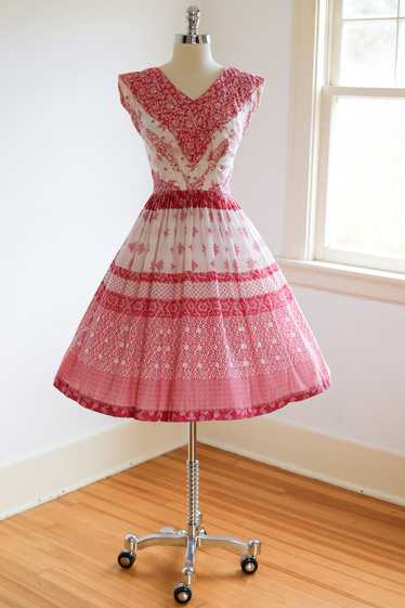 Vintage 1950s Dress - SUPER CUTE Candy Pink + Whit