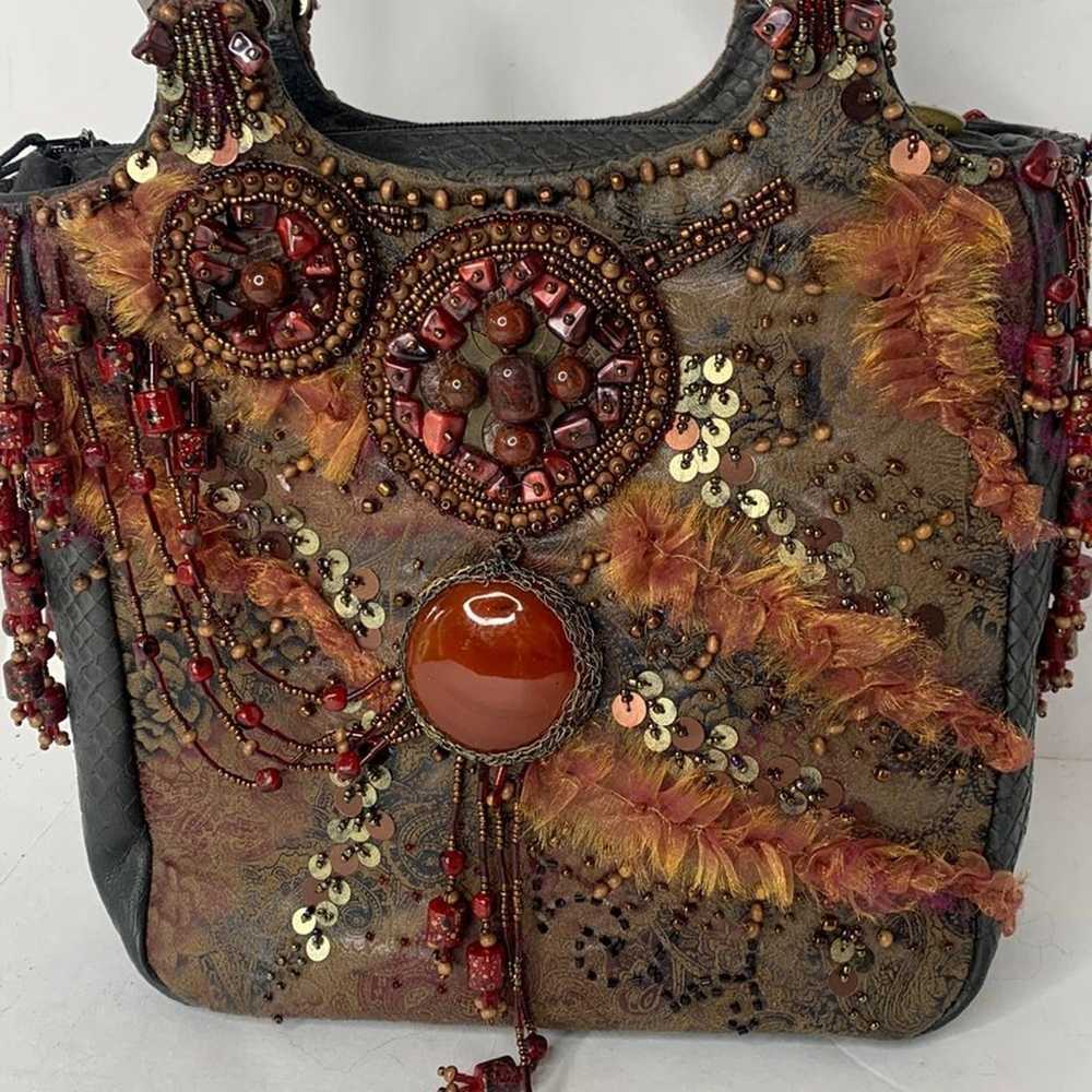 Mary Francis brown beaded/stone floral and black … - image 2
