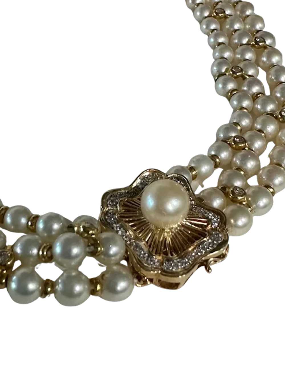 14K YG Pearl and Diamond Multi-Strand Necklace - image 3
