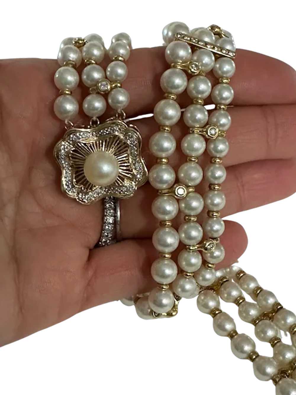 14K YG Pearl and Diamond Multi-Strand Necklace - image 7
