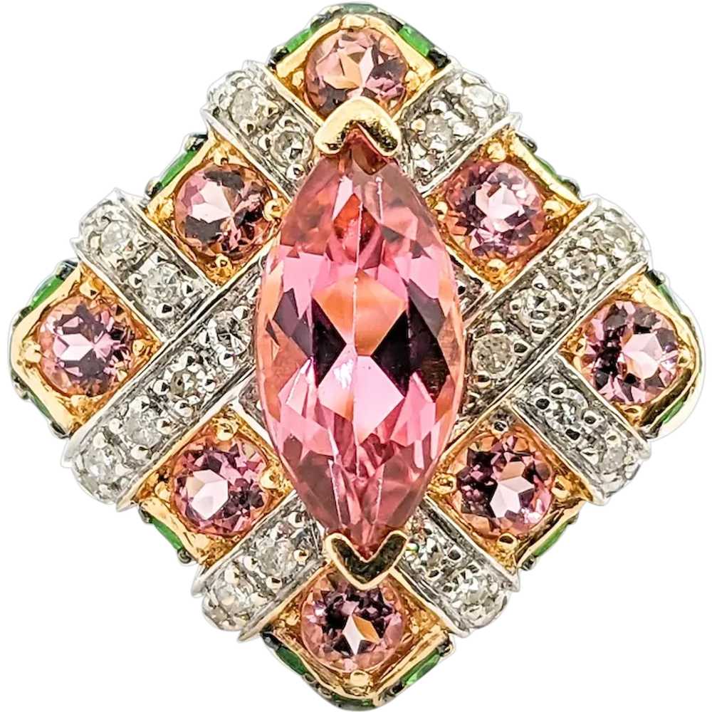 Pink Tourmaline & Diamonds & Tsavorite Garnet Rin… - image 1