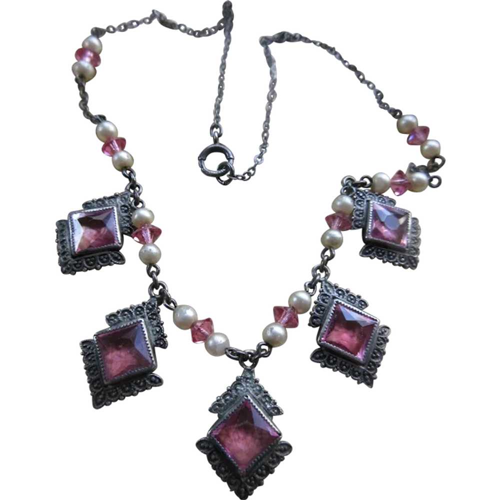 Art Deco Sterling Silver Faceted Pink Crystal Nec… - image 1