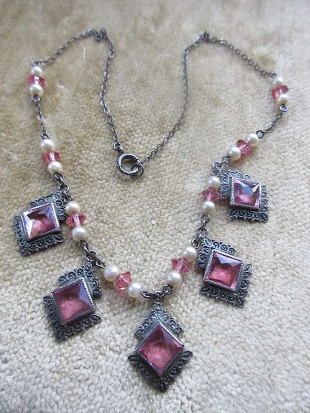Art Deco Sterling Silver Faceted Pink Crystal Nec… - image 2