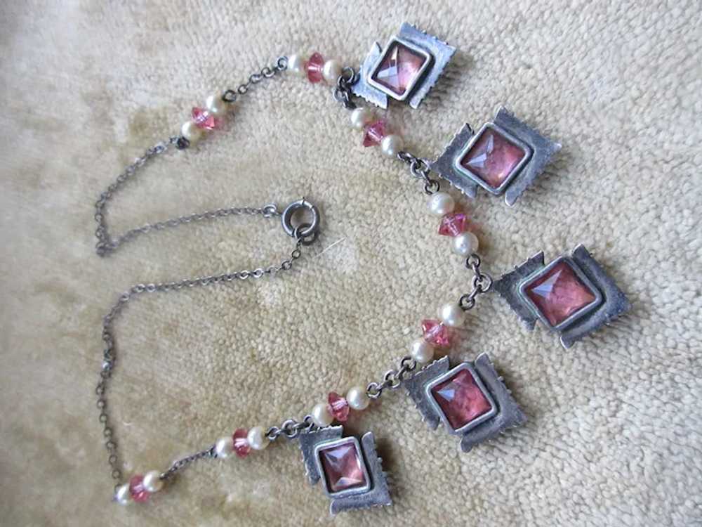 Art Deco Sterling Silver Faceted Pink Crystal Nec… - image 5