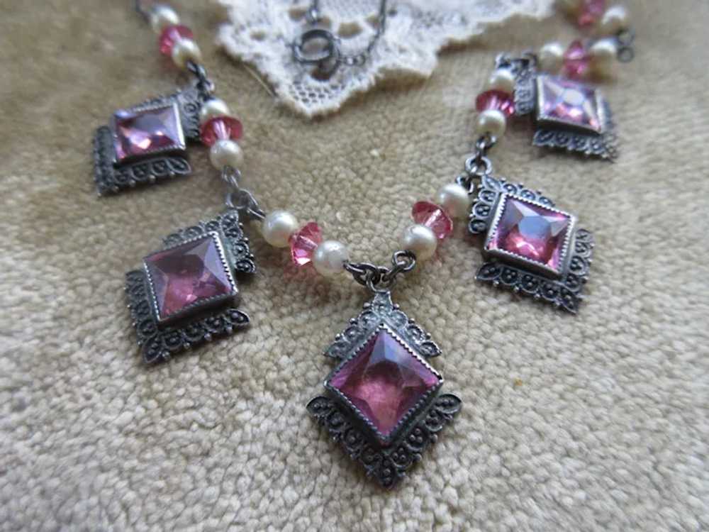 Art Deco Sterling Silver Faceted Pink Crystal Nec… - image 7