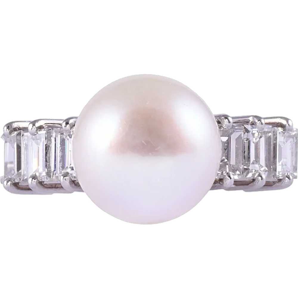 Akoya Pearl & Baguette Diamond Platinum Ring - image 1