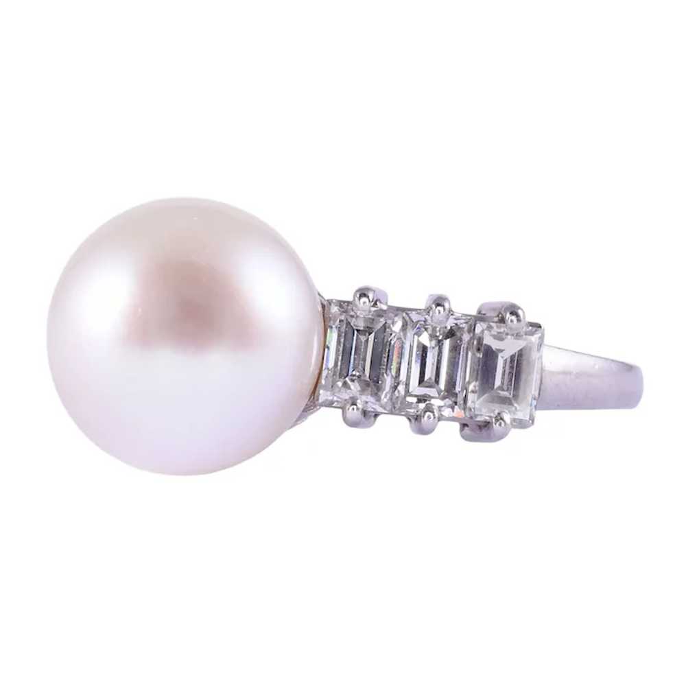 Akoya Pearl & Baguette Diamond Platinum Ring - image 2