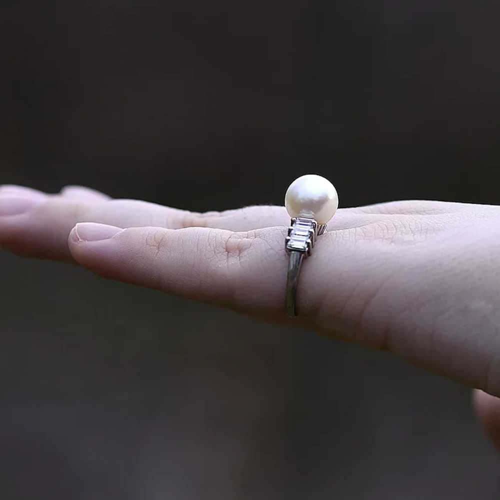 Akoya Pearl & Baguette Diamond Platinum Ring - image 4