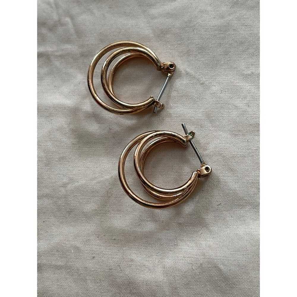 Vintage Gold Tone Triple Hoop Pierced Earrings - image 3