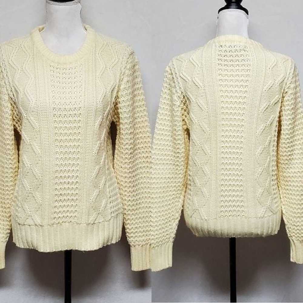 Vintage 1970s Jade Butter Yellow Cable Knit Crew … - image 1