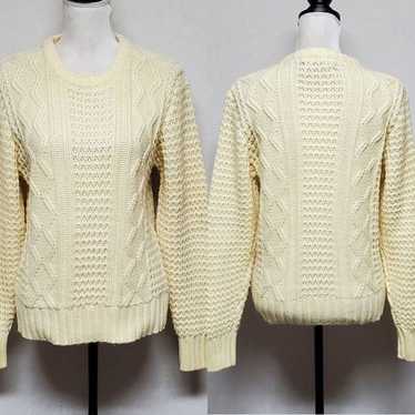 Vintage 1970s Jade Butter Yellow Cable Knit Crew … - image 1